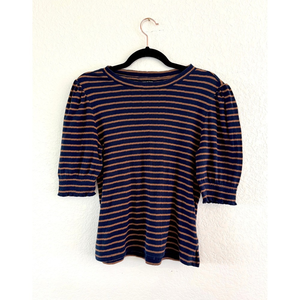 Lucky Brand Women's M Ribbed‎ Striped Puff Sleeve Top Navy Gold